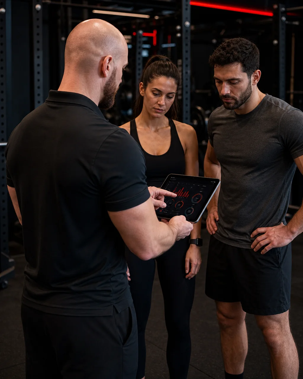Robin présente une analyse de progression à deux clients en salle de musculation